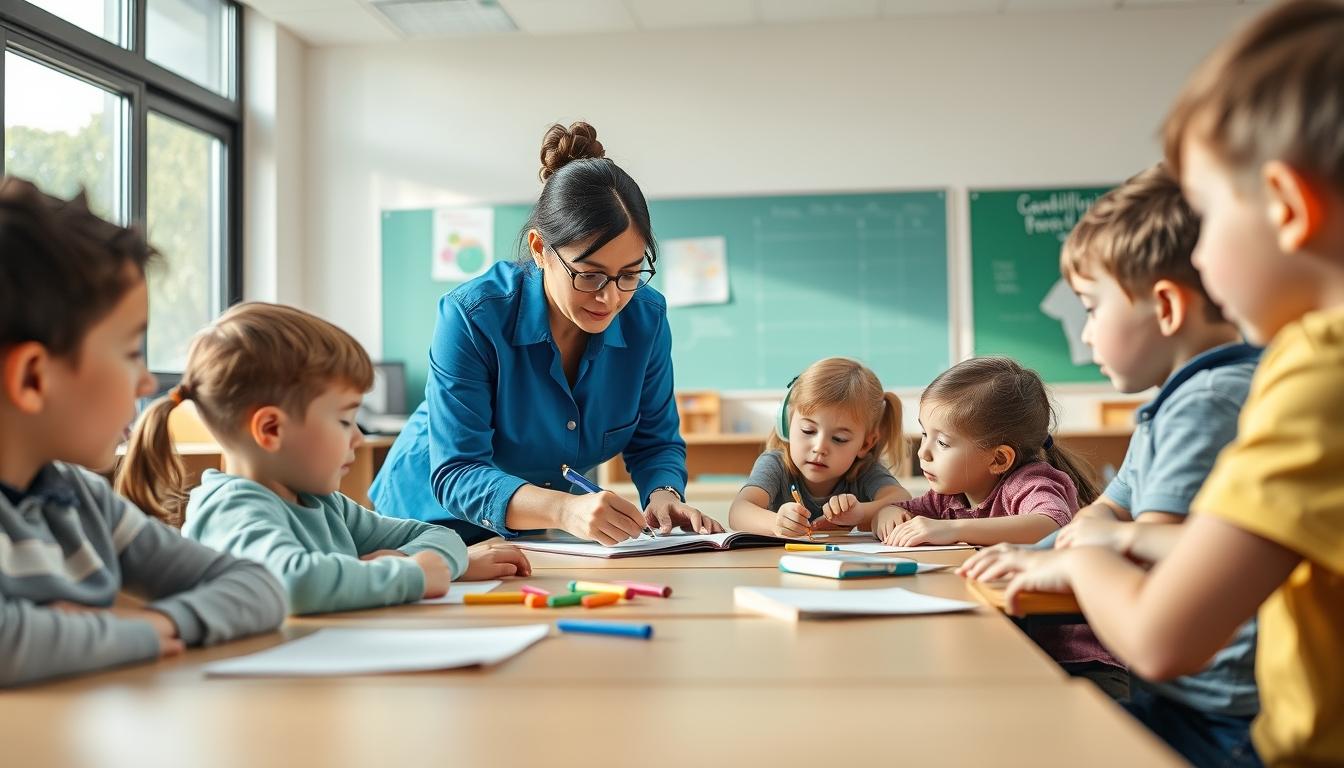 Students studying together in modern classroom